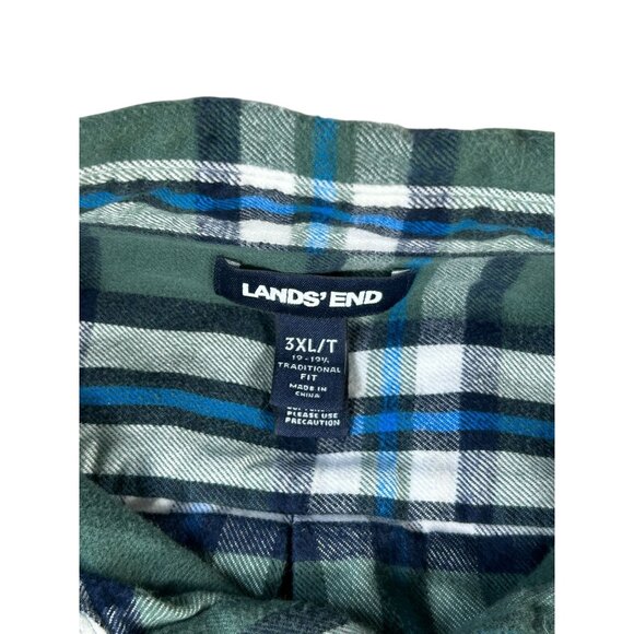 Lands End Flannel Shirt Green White Blue Plaid Men's 3XL/T Long Sleeve Buttons - Picture 3 of 10